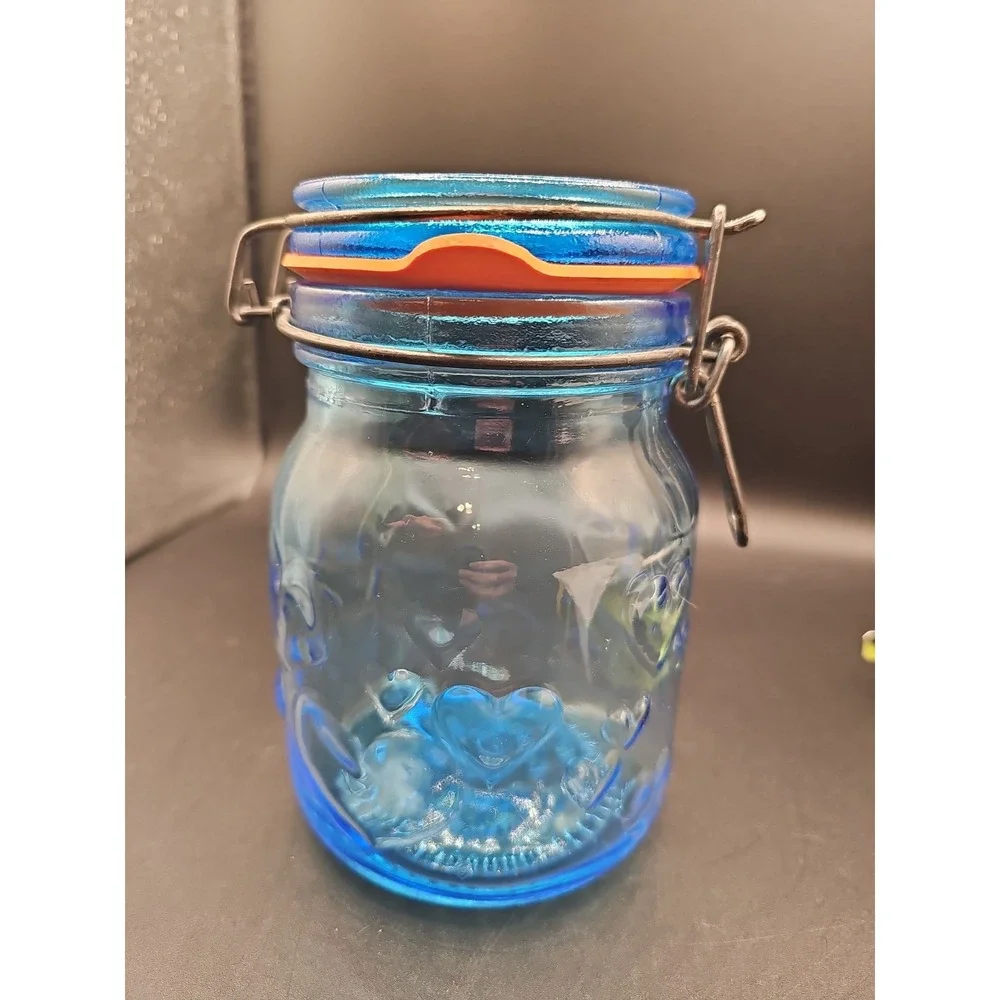 Vintage Blue Glass Storage Jar Hearts Crownford Giftware Corp  7 Tall
